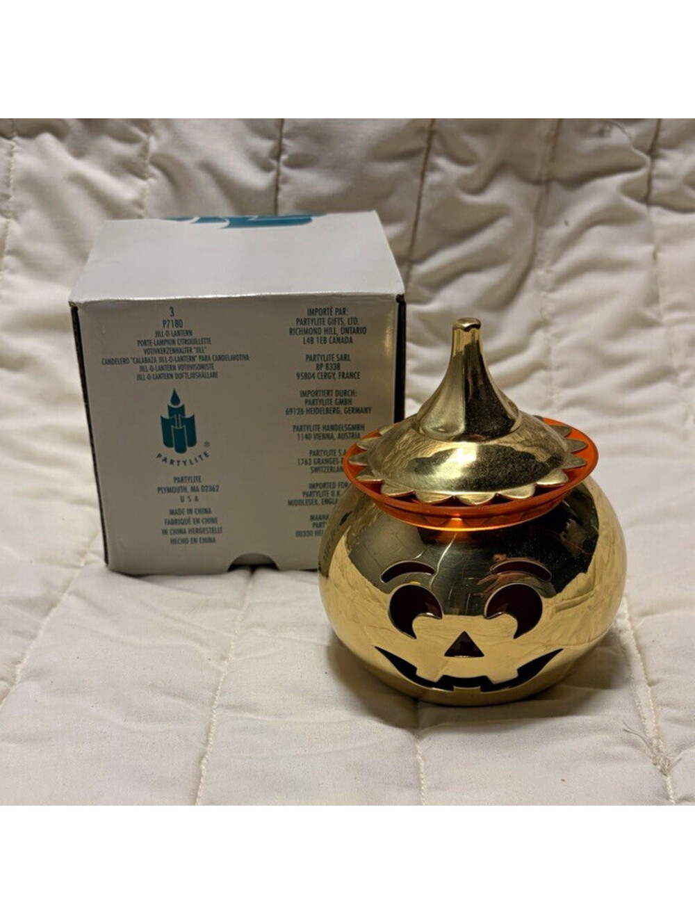 PartyLite Jill-O-Lantern P7180 Pumpkin Votive Holder, Gold Orange Metal Glass